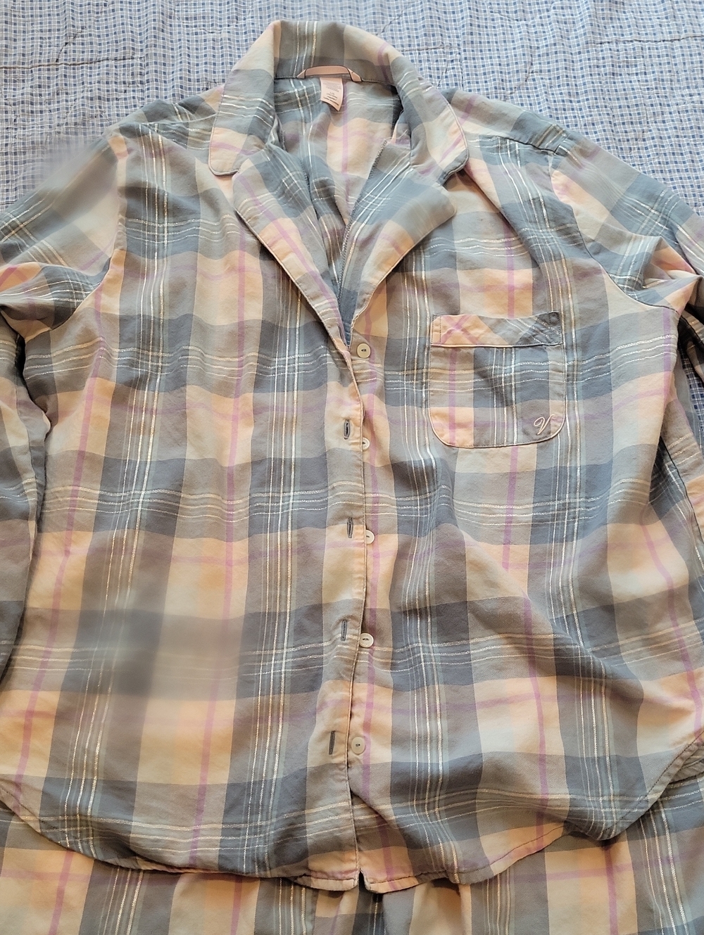 Victoria's Secret Gray & Pink Plaid Button-Down Pajama Shirt
